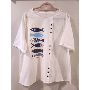 Womens XXL White Cotton Tunic  Fish Print Button Detail Top Blouse Shirt Gauzey‎